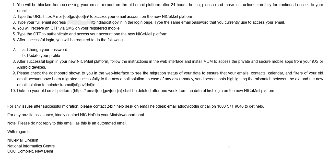 Instruction to use email after Migration to New NIC eMail Platform