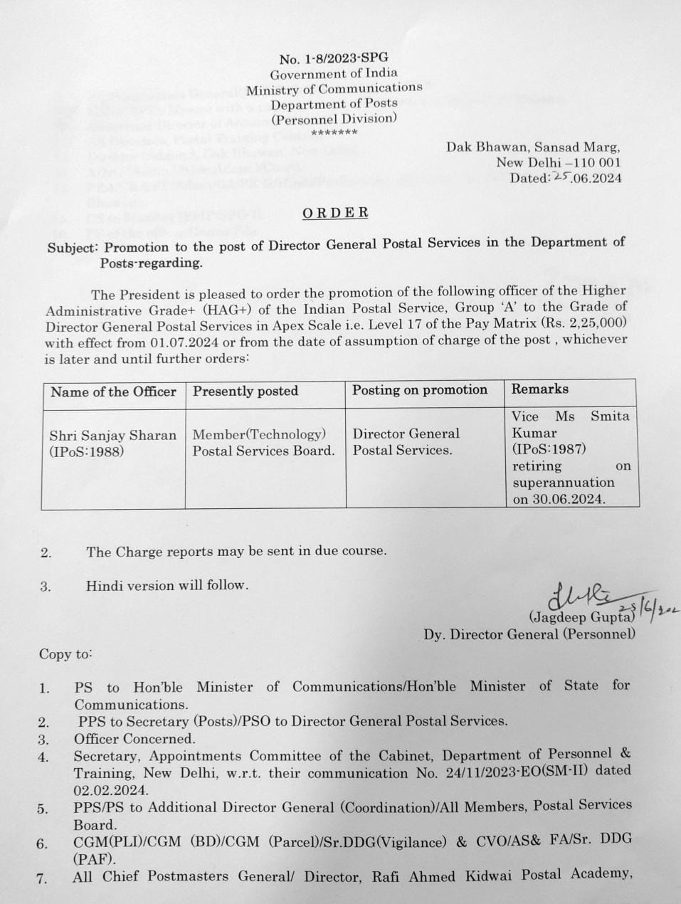 Appointment of Sanjay Sharan as New Director General Postal Services (DGPS)