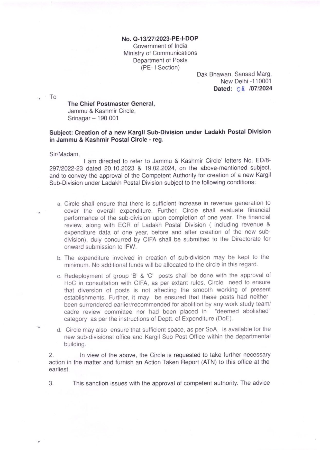 Creation of New Kargil Sub-Division Under Ladakh Postal Division