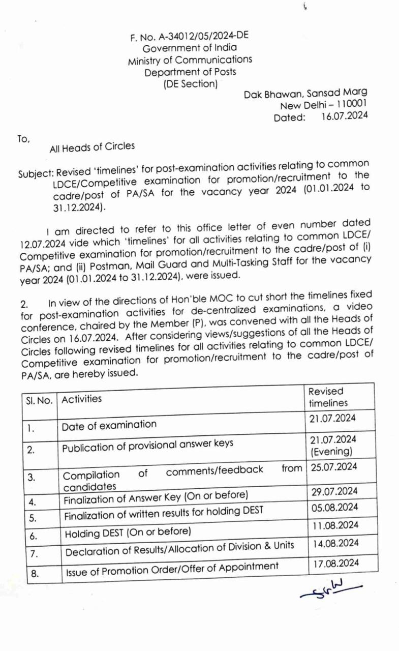 Revised Timelines for Post exam to the Post of PA/SA for the Vacancy Year 2024