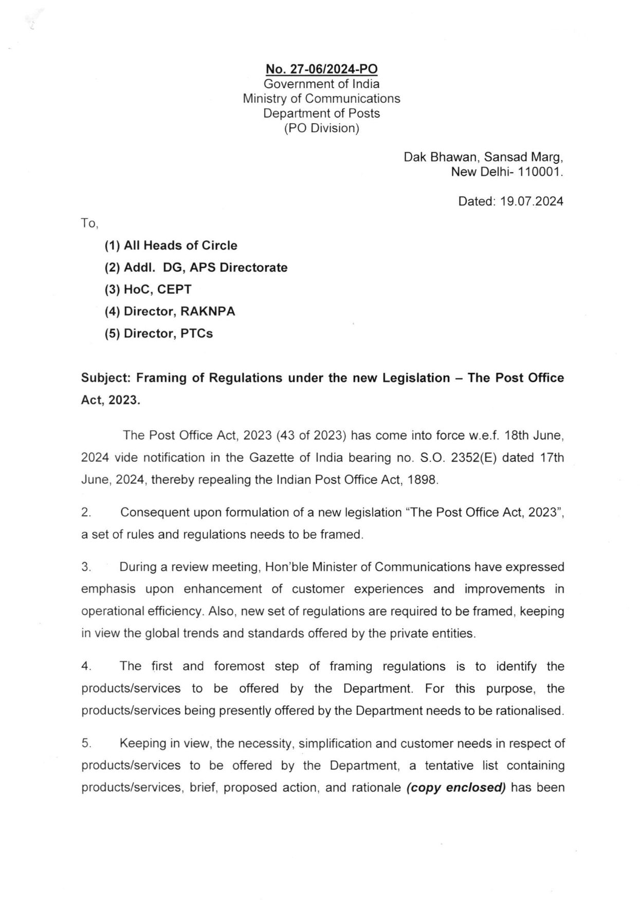 Framing of New Regulations under the Post Office Act, 2023