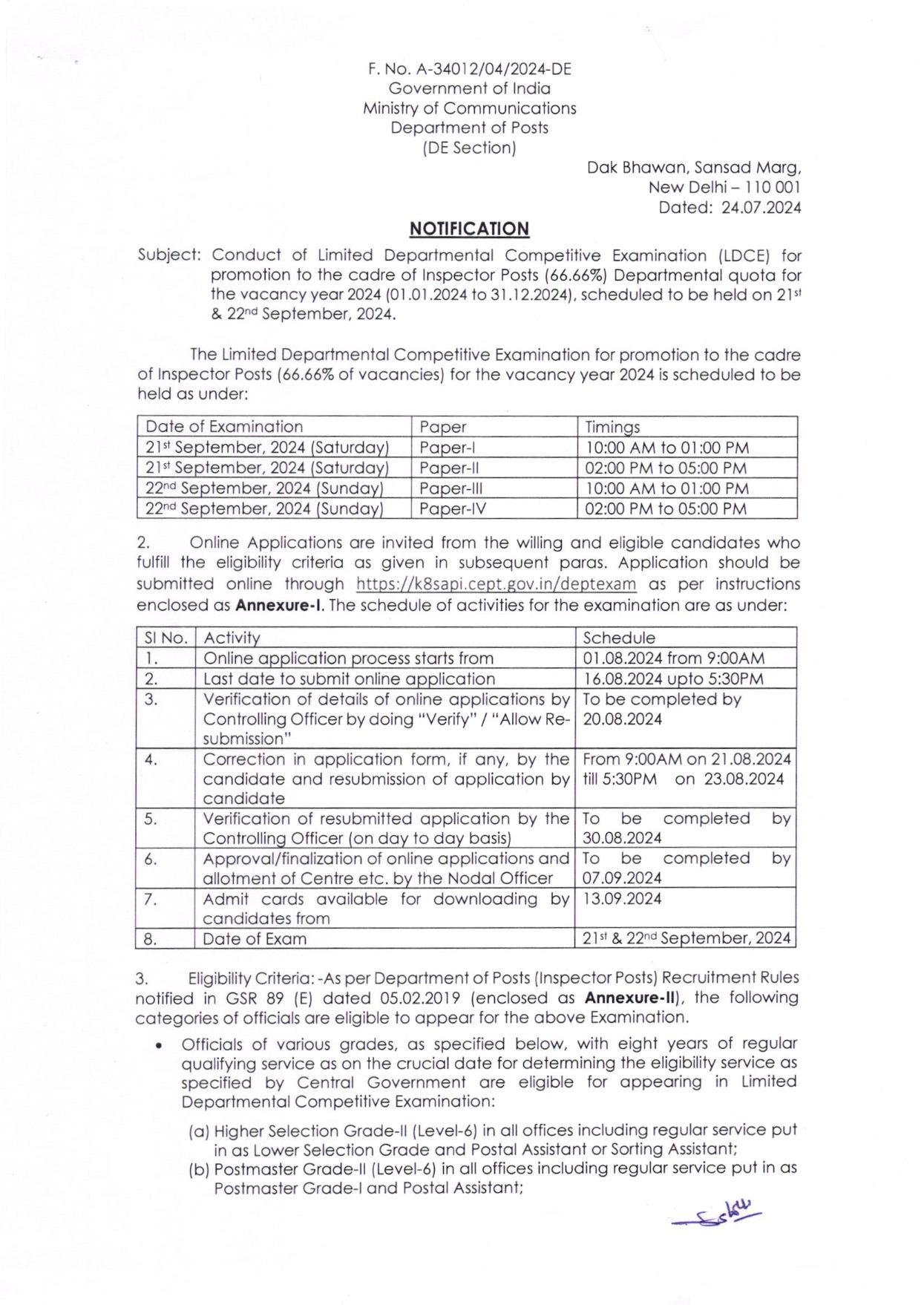 Notification for LDCE Inspector Posts (IP) 2024 Examination