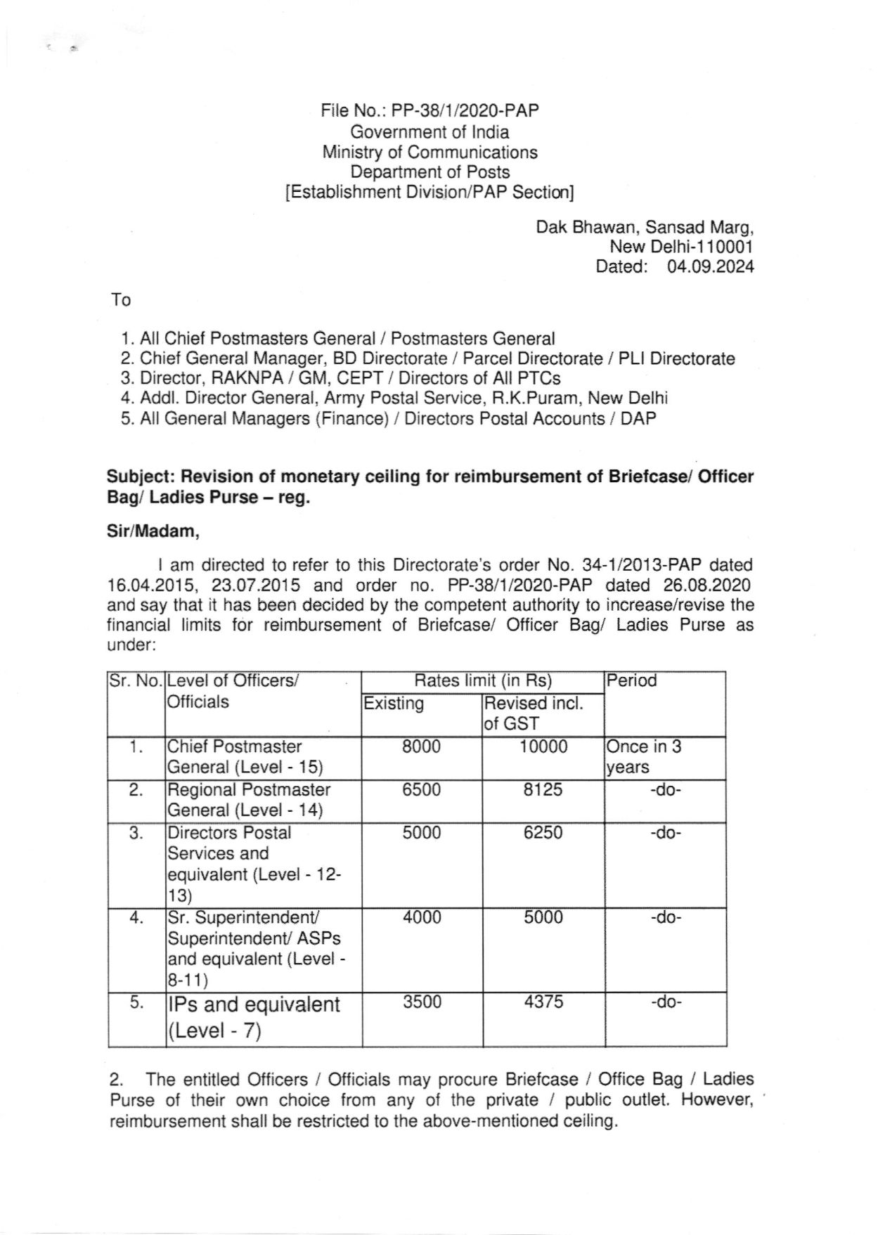 Revision of Monetary Ceiling for Reimbursement of Briefcase/Officer Bag/Ladies Purse